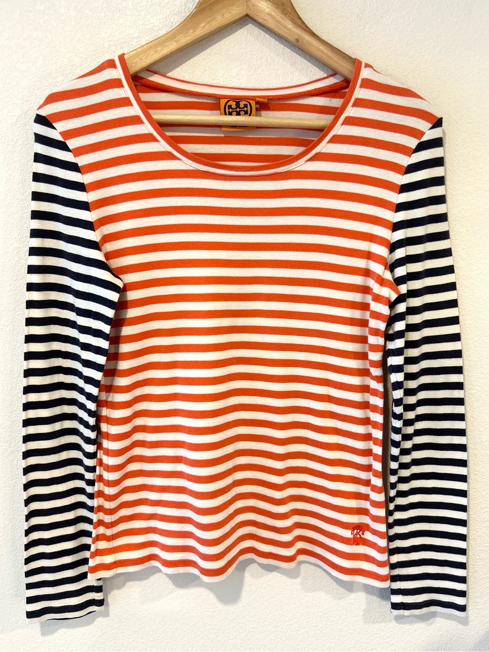 Tory Burch Black, Orange, White Stripe Long Sleeve Top Coastal Preppy Luxury M